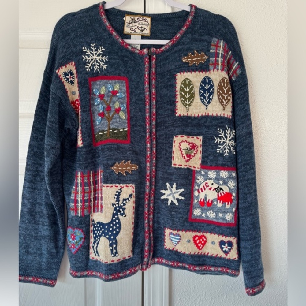 Heirloom Collectibles Vintage Blue Sweater with Holiday Patterns